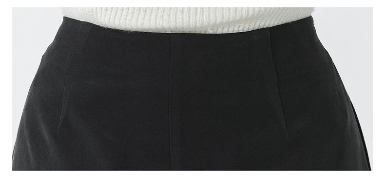 VOA Black 45 Momme Heavyweight Silk Natural Waist Trousers Asymmetrical Ruffle Office Ladies Straight Suit Wide Leg Pants KE797 Badiee Stylez