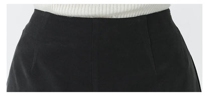 VOA Black 45 Momme Heavyweight Silk Natural Waist Trousers Asymmetrical Ruffle Office Ladies Straight Suit Wide Leg Pants KE797 Badiee Stylez