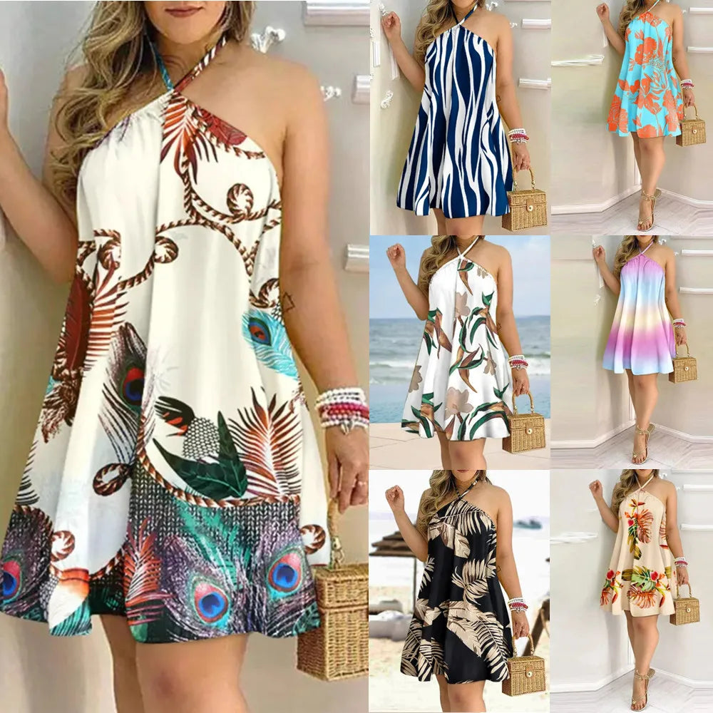 Floral Print Halter Neck Dress Boho Backless Halter Dress For Spring Summer Women's Clothing