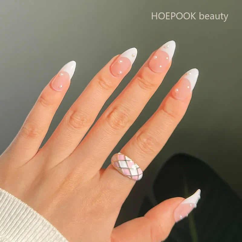 24pcs Nude French Fake Nails White Edge Almond False Nails Art Full Coverage Removable Waterproof Artificial Press on Nail JP1463