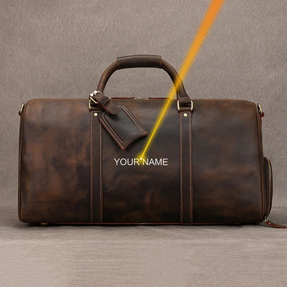 Luxury Genuine Leather Men Women Travel Bag Cow Leather Carry On Luggage Bag Travel Shoulder Bag Male Female Weekend Duffle Bag Dark Brown Laser