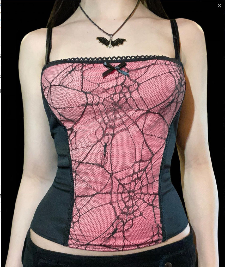 Gothic Cami Tops Y2K Aesthetic Grunge Mall Goth Crop Top Mesh Spider Net Lace Tank Lace Top E-girl Harajuku Slim Tees
