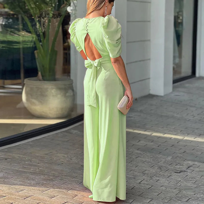 Women's Jumpsuit 2025 Autumn New Fashion Solid Color Full Sexy Clothing V-neck High Waist Loose Wide-leg Jumpsuits Playsuit Badiee Stylez