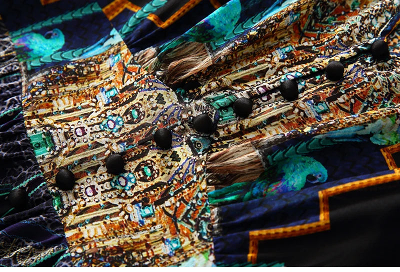 2025 Summer Bohemian Dresses For Women Elegant V-neck High Waist Women's Print Black Dress A-line 100% Real Silk Long Midi Dress Badiee Stylez