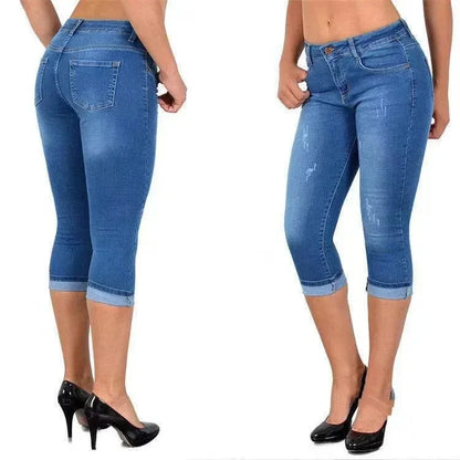 2025 Women's Summer Skinny Denim Pants Jeans Mid Waist Stretch Capri Pants Knee Length Trousers Black Blue Ladies Pencil Pants Light blue