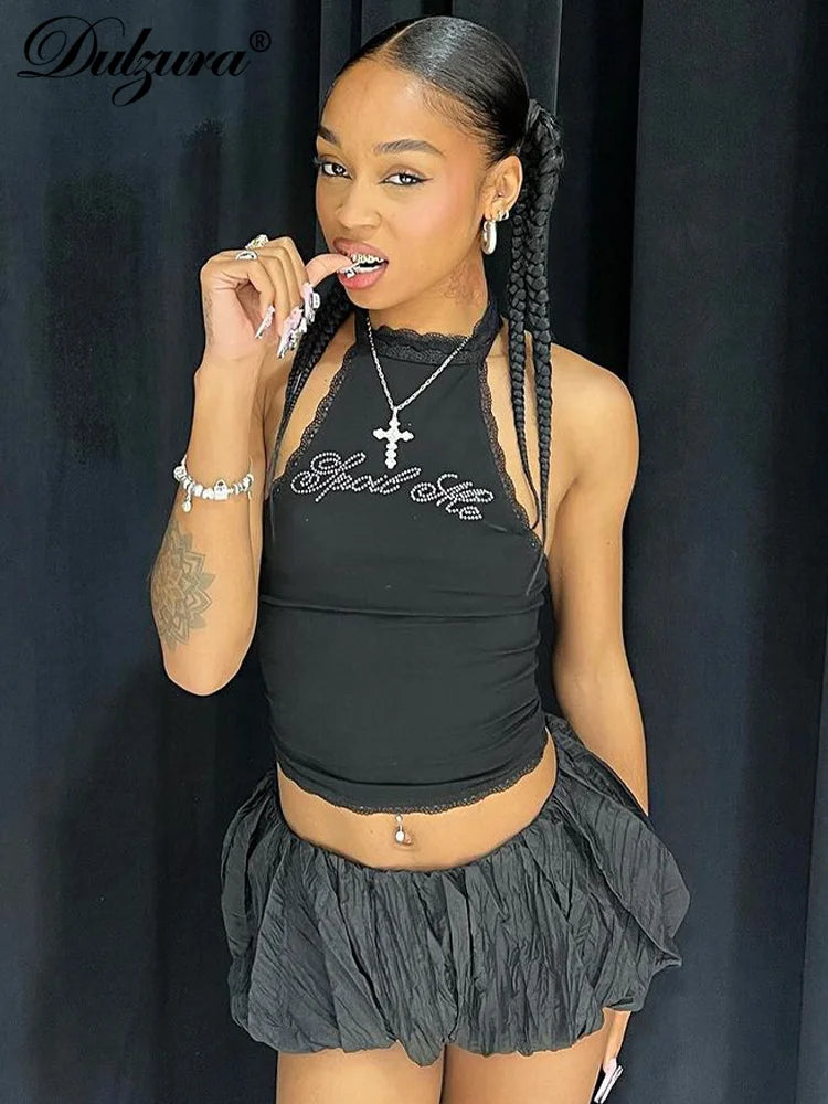 Dulzura Halter Sleeveless Crop Top Vest 2024 Summer Women Lace Patchwork Sexy Rhinestones Y2K Vintage Elegant Club