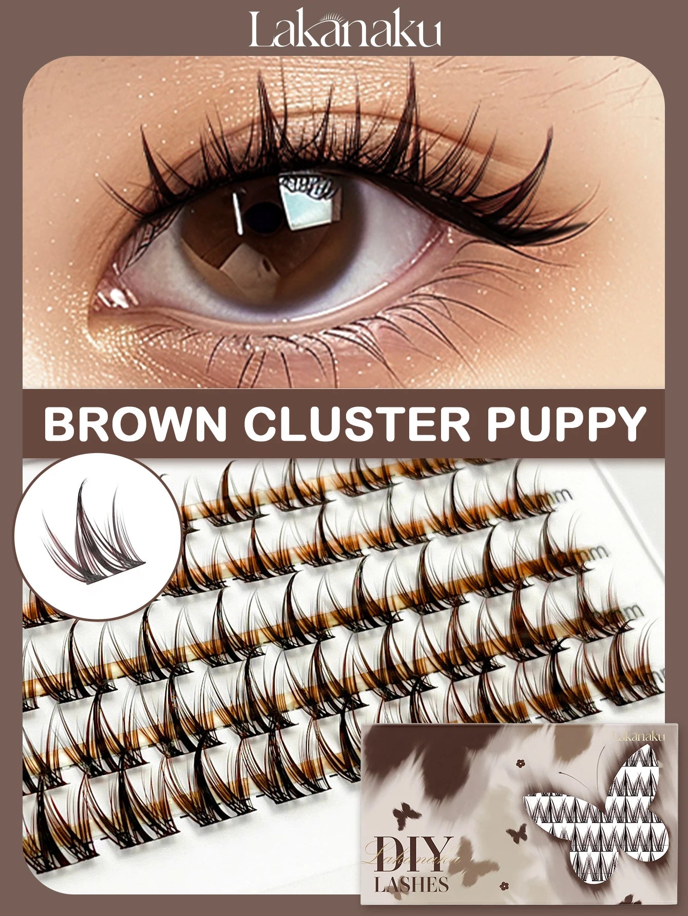 LAKANAKU Brown Cluster DIY Lashes Natural Soft Cashmere Brown Eyelashes Extension DIY False Lashes Save Time For Beginner Makeup