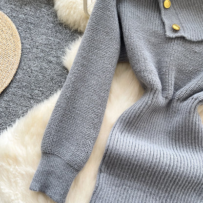 SINGREINY Autumn Knitwear Bodycon Dress Diagonal Collar High Elastic Slim Fit Design Female Light Luxury Solid Sweater Dress