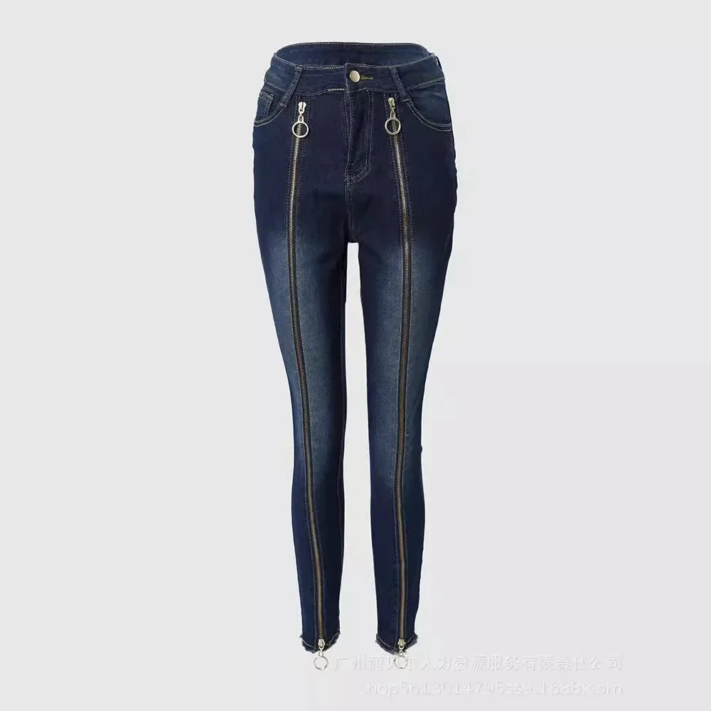 Women Spring Summer 2024 O-Ring Zipper Decor Skinny Jeans Denim Pants Trousers High Waist Jeans Ankle Length