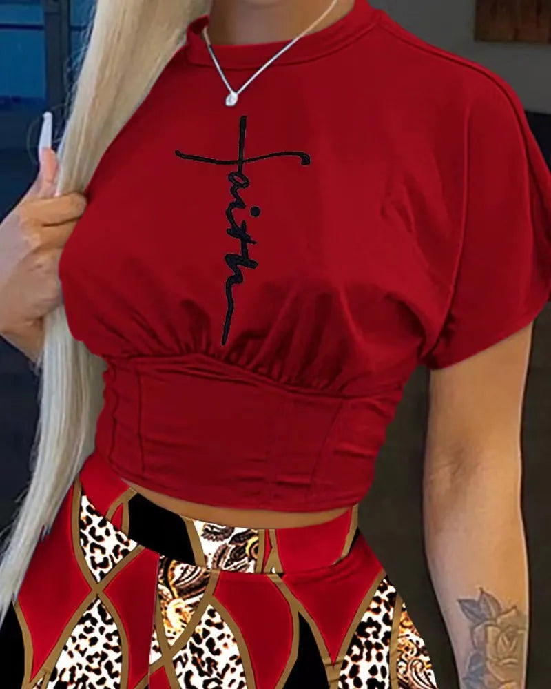 Women Two Piece Short Sets Round Neck Crop Tops Pullovers High Waist Shirts Elastic Waist Shorts Matching Sets Y2k Summer