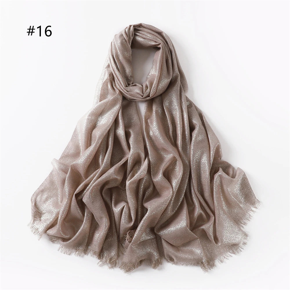 Lastest Brand Design Scarf Shiny Solid Color Shawls Rayon Fabric Gold Silk Silver Wire Head Shawl Fringe Hijab For Women