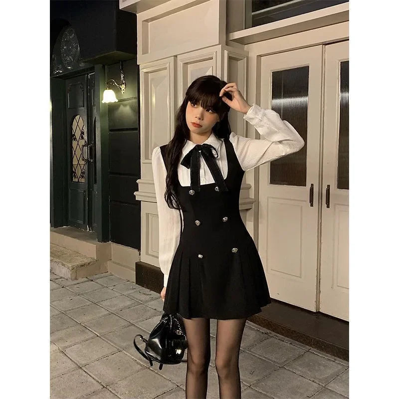 French Style Long Sleeve Mini Dress Women's Autumn Winter Slimming Design A- Line Skirt Polyester Fiber Polo Collar Empire Waist Badiee Stylez