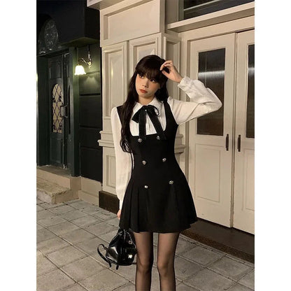 French Style Long Sleeve Mini Dress Women's Autumn Winter Slimming Design A- Line Skirt Polyester Fiber Polo Collar Empire Waist Badiee Stylez