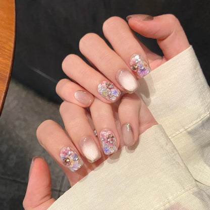 10Pcs Handmade French Nails Tips Elegant Cat Eye Gold Stripes Edge Design with Flowers Rhinestone Pink Glitter Wearable Manicure