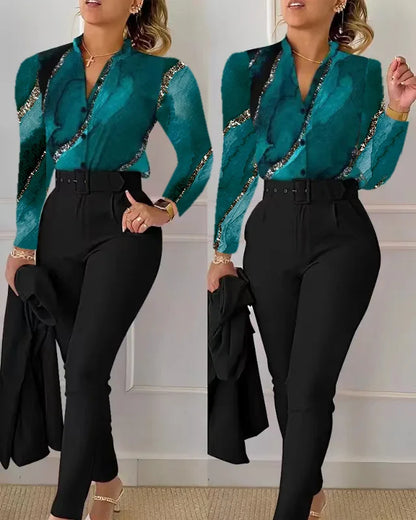 Women's Shirt 2 Pieces Suit Set 2024 Fall Print V Neck Long Sleeve Top Casual High Waist Pockets Work Female Clothes Pants Set
