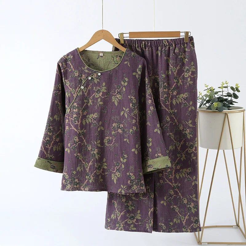 Chinese Style Women's Pajamas, Pure Cotton, Retro Color, Woven Jacquard, Home Clothing, Long Sleeves Trousers, Diagonal Collar purple