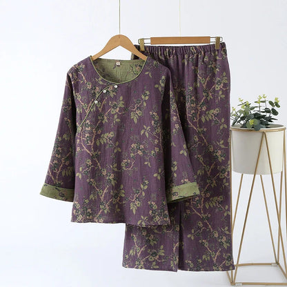 Chinese Style Women's Pajamas, Pure Cotton, Retro Color, Woven Jacquard, Home Clothing, Long Sleeves Trousers, Diagonal Collar purple