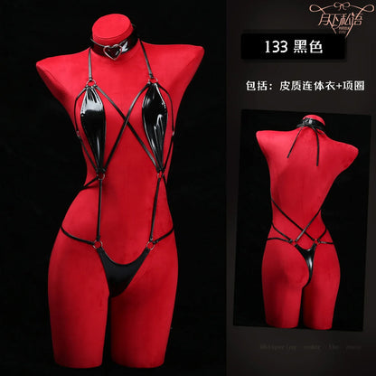 Anime Cosplay Girls Halter Leather Swimsuit Cross Straps Bandage Jumpsuit Bodysuit Lingerie Costumes Hollow Out Pajamas Black One Size