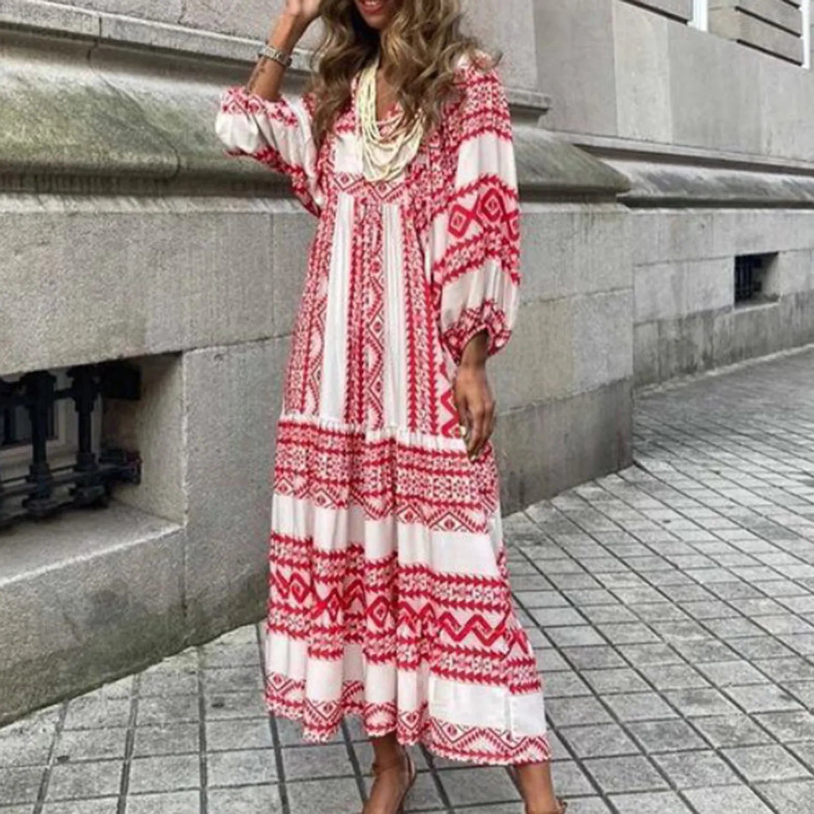 Puff Sleeve Boho Maxi Dress Elegant Women Summer 2022 Casual Floral Drawstring V-Neck Loose Holiday Beach Dresses Party Vestidos Badiee Stylez
