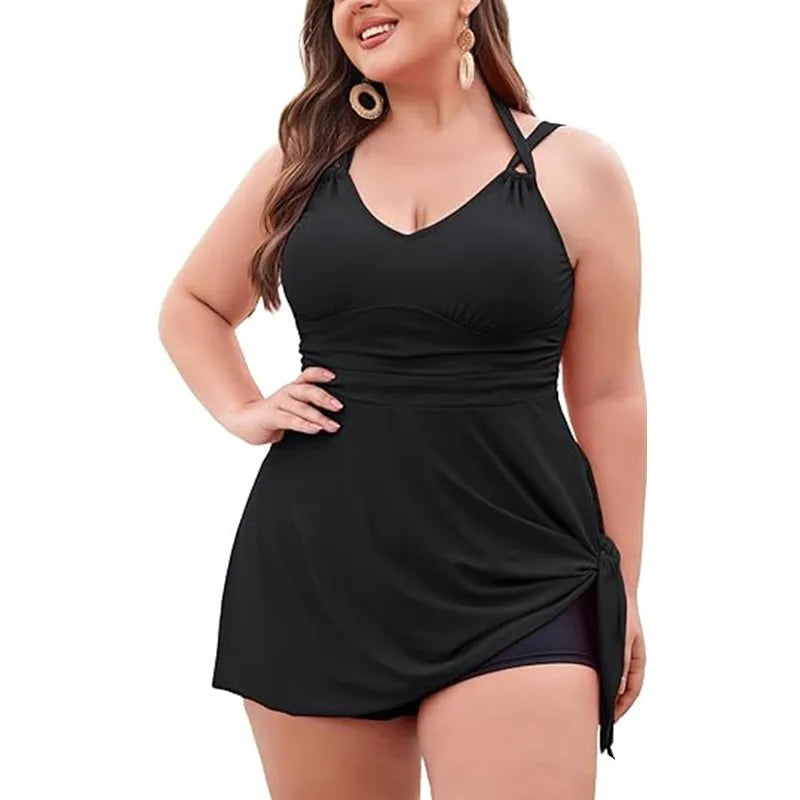 Women Plus Size Swimwear Two Piece Black Tankini Swimdress V Neck Halter Floral Asymmetrical Hem Skirted Swimsuits with Boyshort