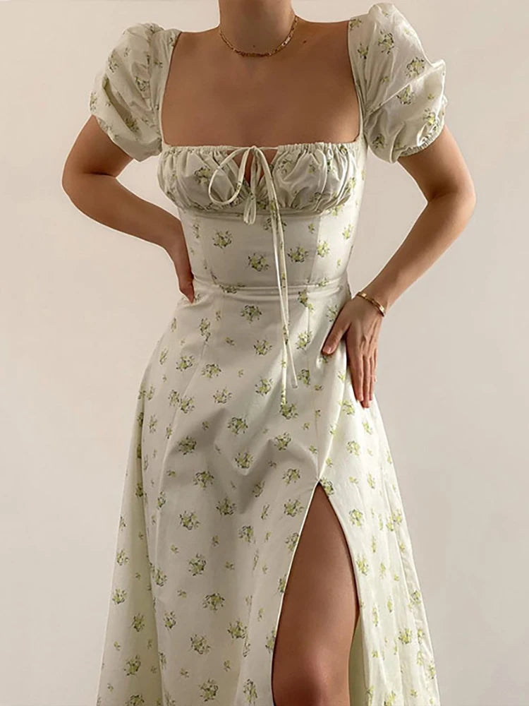Summer Women Puff Sleeve Floral Printed Dress,Long Dresses,Woman Clothing,Dress Women,Women's Elegant Dresses,Sexy Costume Women White Green