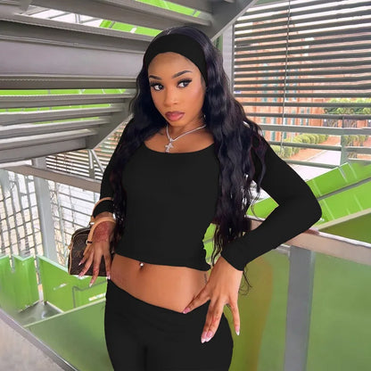 Fashion Soild Women's Set Long Sleeve Yellow U Neck Shirt and Flared Pants 2024 Elegant Tracksuits Two 2 Piece Set Outfits