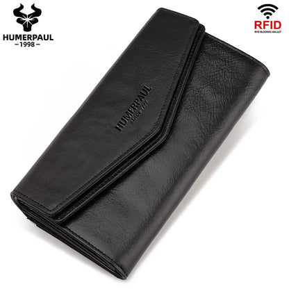 HUMERPAUL Women' s Wallet Top Layer Leather Long Cell Phone Bag with RFID Card Holder Large Capacity Luxury ﻿Ladies Handbags Black