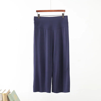 Spring Summer Modal Wide leg pants calf length Loose Casual yoga pant Plus size High Waist three quarter Trousers All match navy