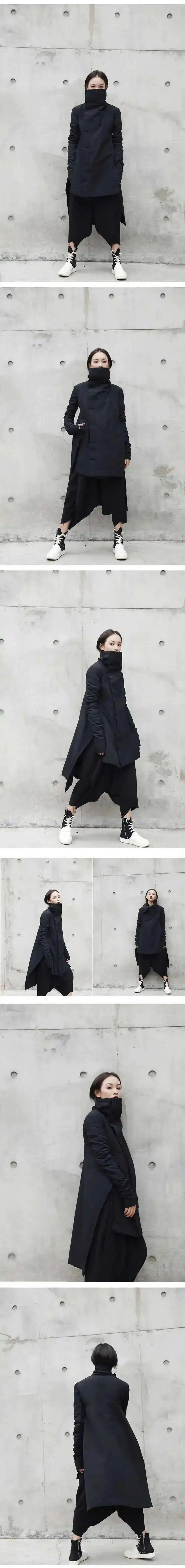 EAM 2024 New Fashion Winter Stand Collar Irregular Long Type Black Cotton-padded Clothes Loose Coat Black Jacket Woman YA771