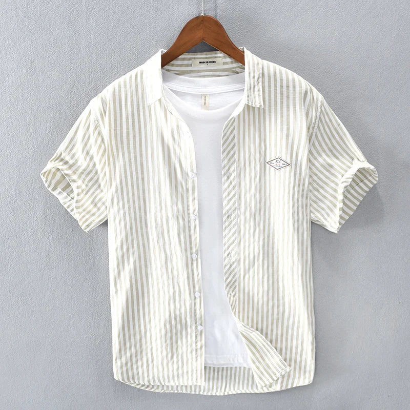 New Summer Men's Short Sleeve Shirt Fashion Thin Loose Half Sleeve Casual Youth Stripe Shirt Tops Khaki