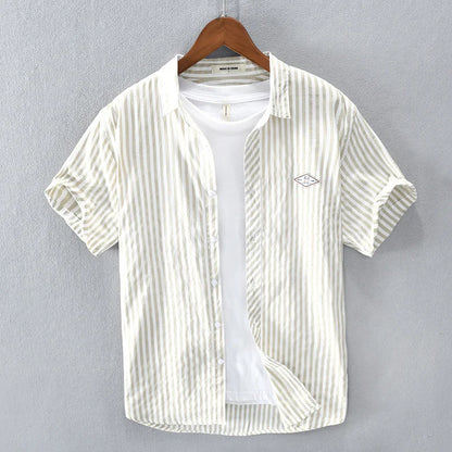 New Summer Men's Short Sleeve Shirt Fashion Thin Loose Half Sleeve Casual Youth Stripe Shirt Tops Khaki