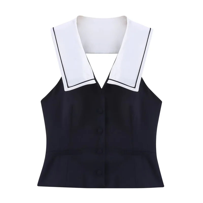 Women's Tops New Summer 2025 Sailor Suit Style Sleeveless Top Sexy Open Back Design Fashionable and Versatile Lively Personality as shown in fig