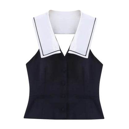 Women's Tops New Summer 2025 Sailor Suit Style Sleeveless Top Sexy Open Back Design Fashionable and Versatile Lively Personality as shown in fig