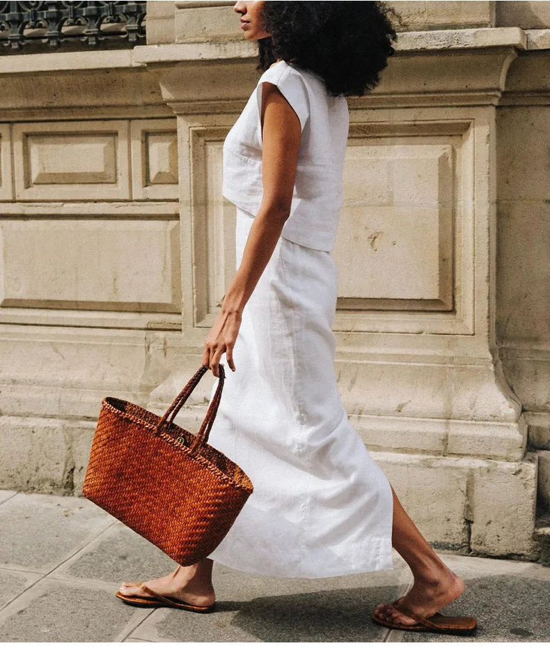 Summer New 100% Linen Sleeveless Crop Top Women's Loose Casual Solid Color Cute Tops Round Neck Minimalist Short T-Shirts