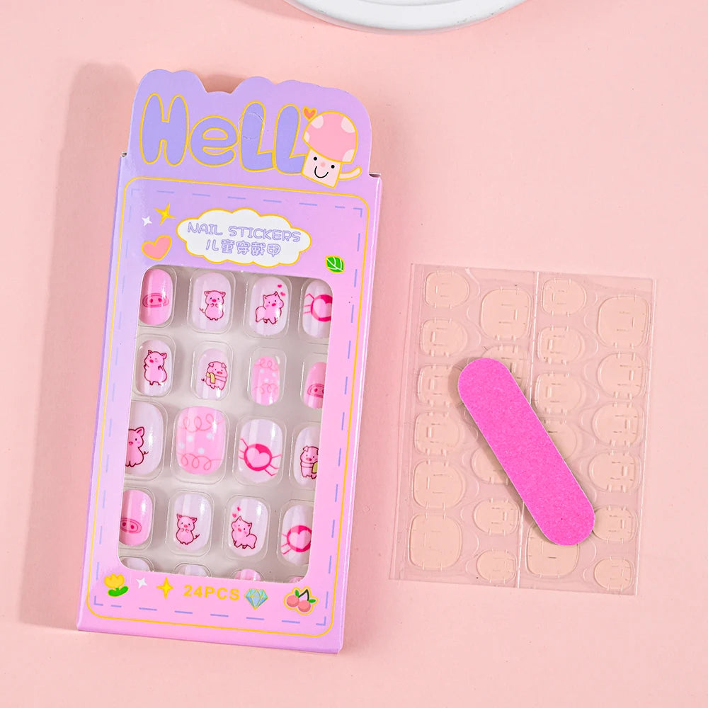 24Pcs Children Cartoon Nail Tips Colorful Cute Rabbit Pink Stars 6-14 Years old Girl Fake Nail With Jelly Glue Kids False Nail TC0011-2