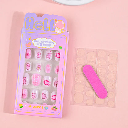 24Pcs Children Cartoon Nail Tips Colorful Cute Rabbit Pink Stars 6-14 Years old Girl Fake Nail With Jelly Glue Kids False Nail TC0011-2