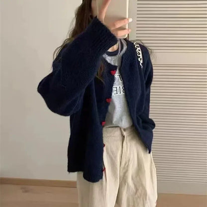 Korean Round Neck Versatile Design Caring Girl Button Knit Cardigan 2024 Autumn and Winter New Sweater Jacket Women's Top
