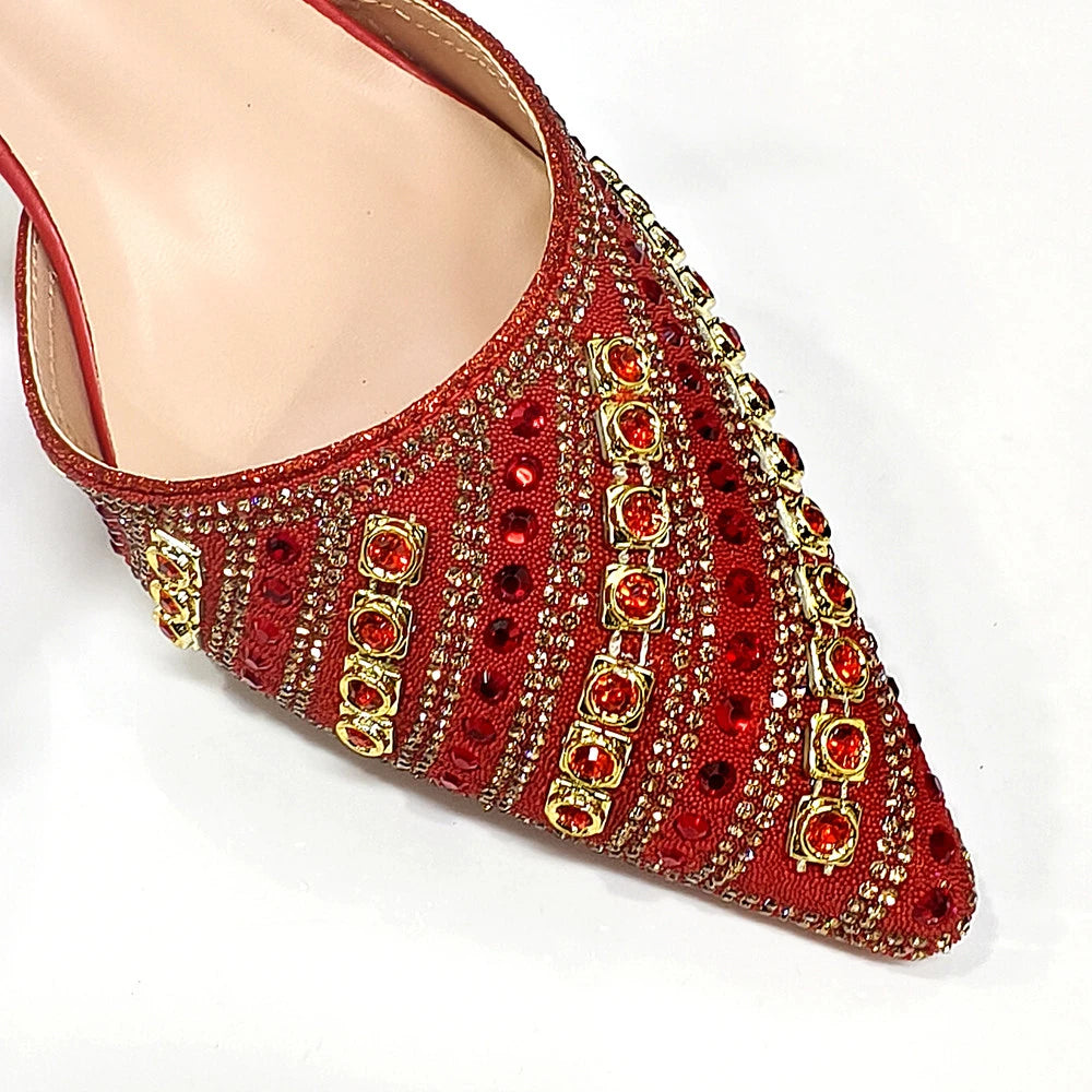 2025 Luxurious Italian Women's Party Shoes & Bag Set – Elegant Golden Rhinestone Spring/Summer Sandals with Pointed High Heels f