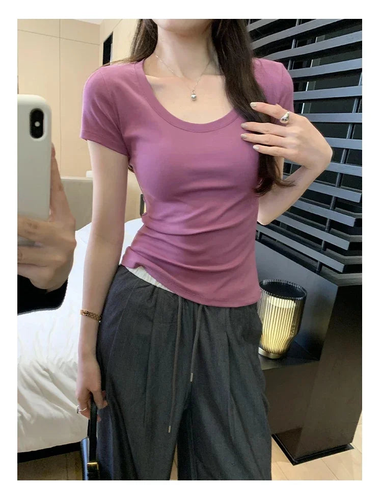 Femme 2025 Summer Casual Cotton T Shirt For Women Short Sleeve Tshirts Fashion Womens Clothing Slim Basic O Neck Y2K Tee Shirt