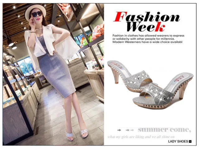 Summer Women Sandals Rhinestone Women Shoes Sexy High Heels Shoe Ladies Sandalias Gold Silver Women Slippers Heeled Sandals Sexy