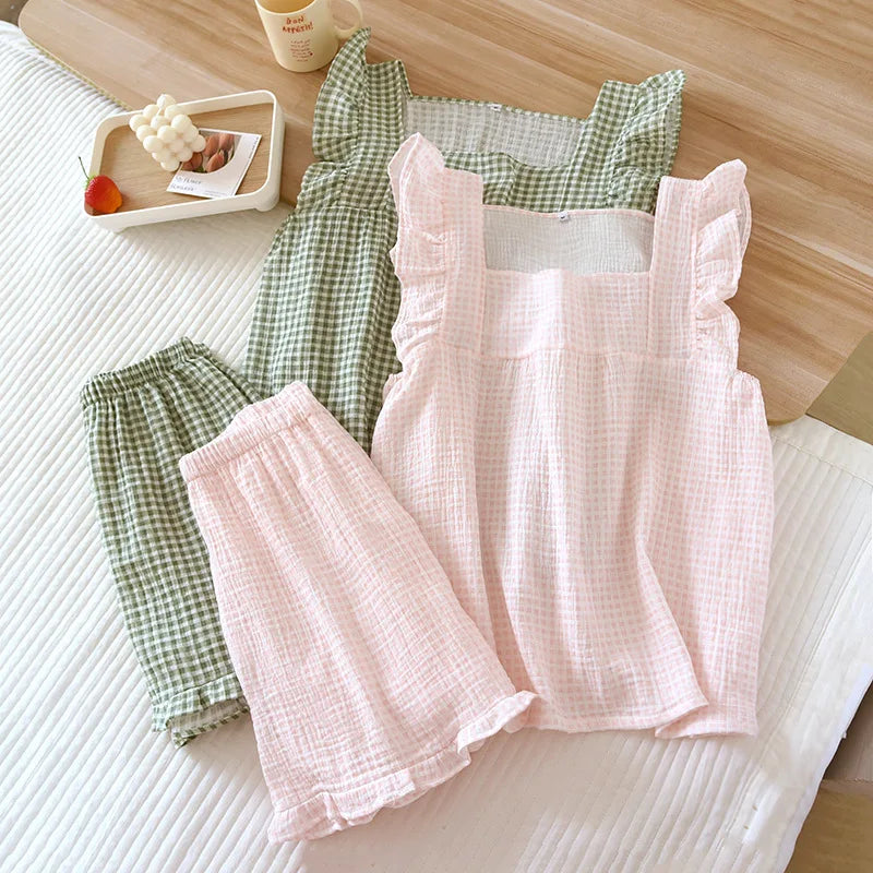 2025 Japanese summer new women's pajamas suit short-sleeved shorts two-piece 100% cotton crepe simple checked thin home clothes