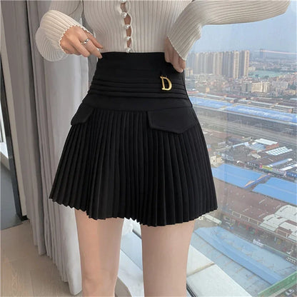 White Pleated Skirt Women High Waist Skater Skirt Female Korean A-Line High Fashion Casual Short Skirt Women Bottoms black