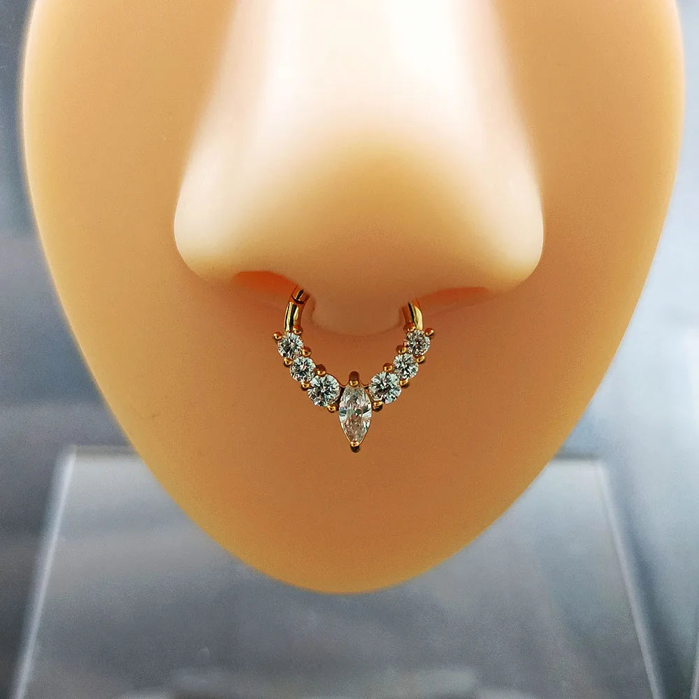 Flower CZ Zircon Septum Piercing Heart Gem Segment Nose Ring WaterDrop Daith Conch Clicker Hoop Earring 100% 316L Surgical Steel
