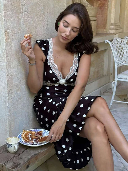 Polka Dot Ruched Dress Elegant Birthday Party Skinny Bodycon Sexy Backless Dress Women Flying Sleeve Lace Trim Applique