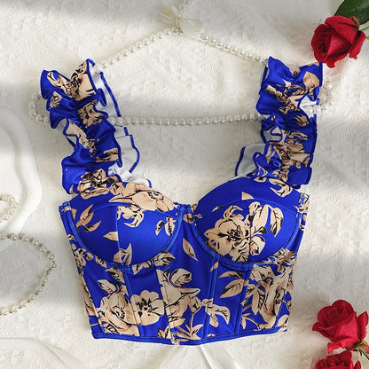 Sexy Bandage Ruffle Off Shoulder Slim Top Chic Straps Camis Slim Korean Tanks Top Elegant Crop Top Summer Women Bustier H149-Navy Blue