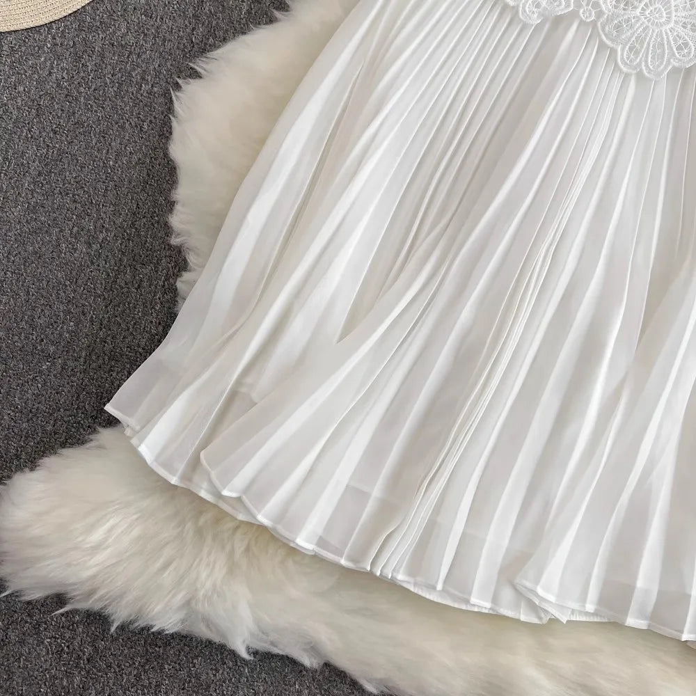 Summer Elegant Crochet Lace Patchwork Chiffon Pleated Dress Women's Short Sleeve Hollow Out Flower Buttons Belt Runway Vestidos