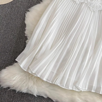 Summer Elegant Crochet Lace Patchwork Chiffon Pleated Dress Women's Short Sleeve Hollow Out Flower Buttons Belt Runway Vestidos