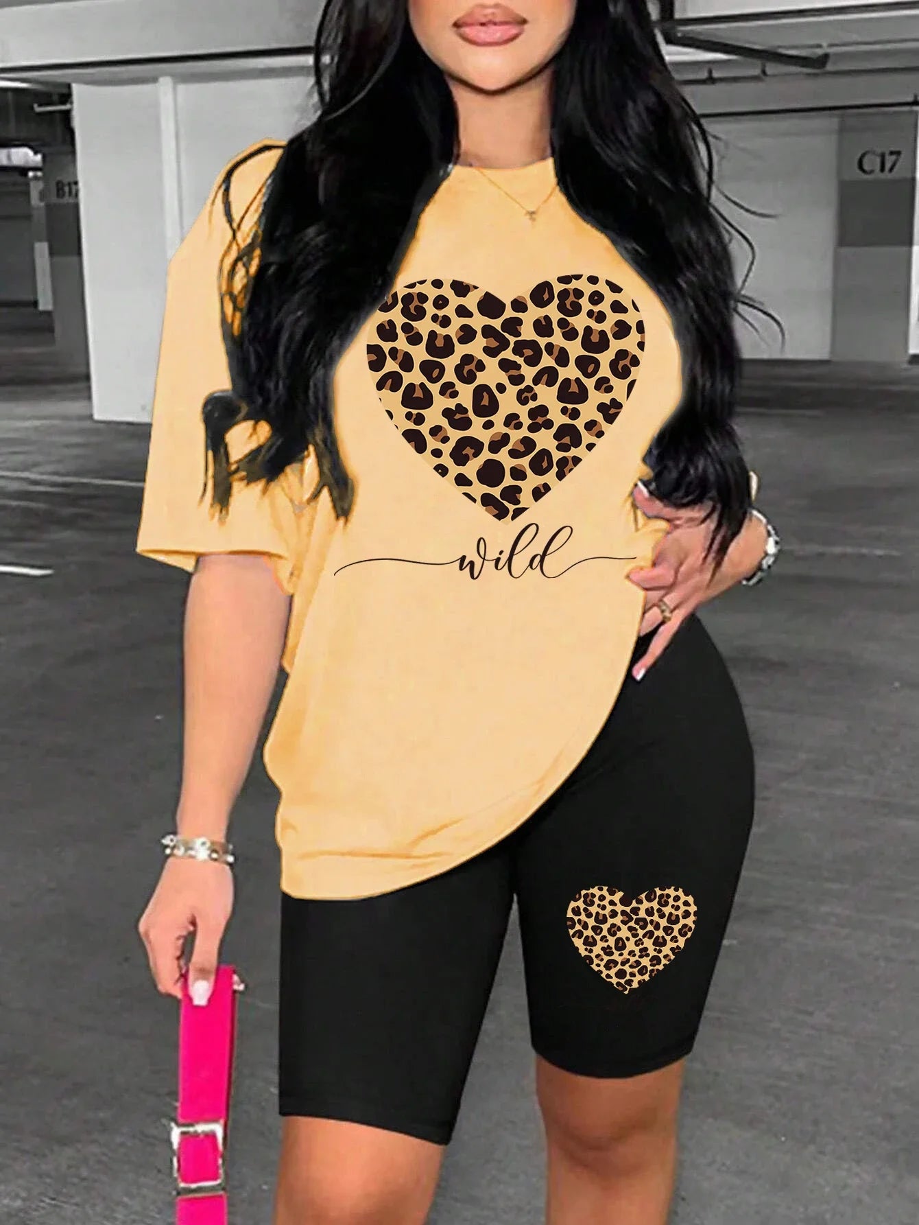 Leopard Heart Pattern Printing Shorts Sets Fashion Cartoon Women'S Two Piece Set Breathable Comfortable Short Sleeved Shorts Set Badiee Stylez