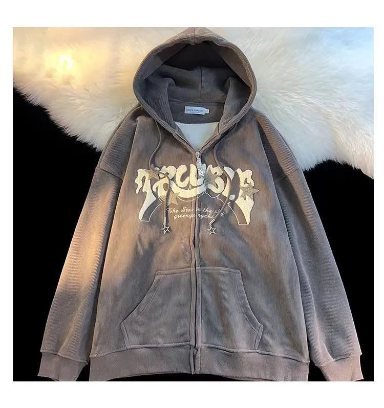 Plus Size XL-3XL Corduroy Embroidery Loose Hoodies Women Sprring Autumn Long Sleeve Zipper Hood Shirt Harajuku Y2K Sweatshirt