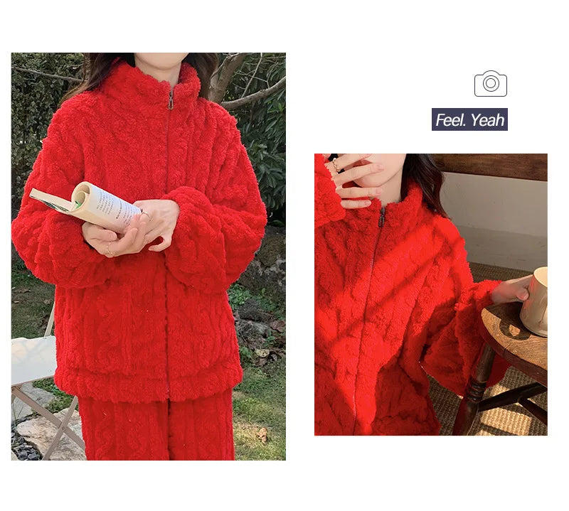 Large Size Flannel Pajamas Set Autumn Winter Female Sleepwear Trouser Suit Thicken Coral Fleece High Collar Lounge Wear Homewear